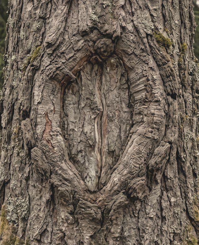 A mature spruce trunk with a large old wound sealed shut: an oval seam of scar tissue with thick rolled lips of bark grown around it, moss at the edges, forest behind.